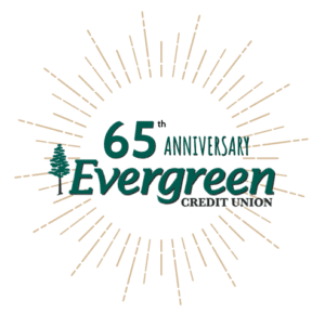 Evergreen Credit Union 65th Anniversary Logo with gold sunburst behind it 