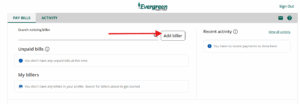 Screenshot of the Bill Pay screen with an arrow pointing to add biller