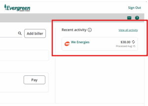 Screenshot of the Recent Activity Column in Bill Pay