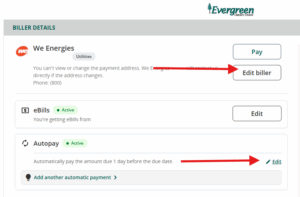 Screenshot of the Edit Company with an arrow pointing to Edit Biller and Edit Autopay