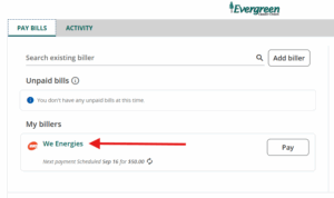 Screenshot of Bill Pay with arrow pointing to name of company